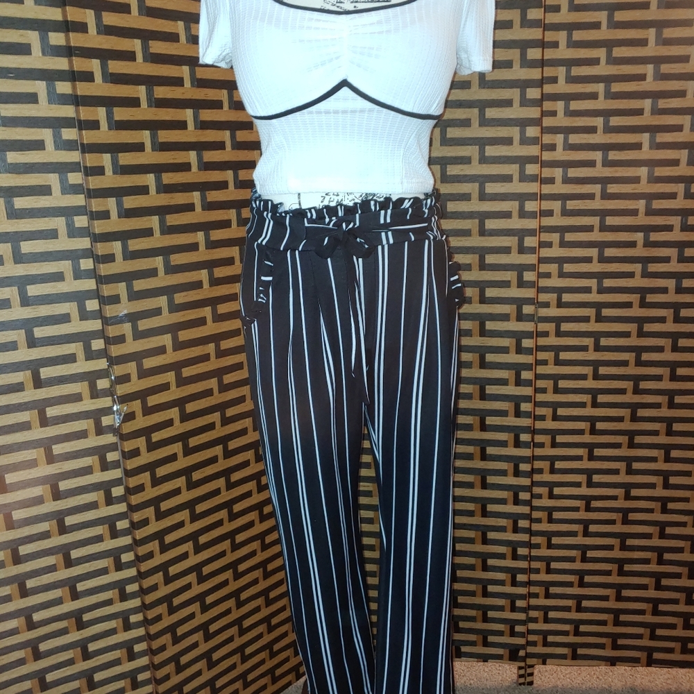 High Waisted Striped Casual Ankle Pants Sz: S/M